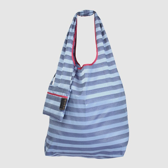 *Sold Out*【防水、撥水エコバッグ】Umbrella cloth bagボーダー　ブルー 1枚目の画像