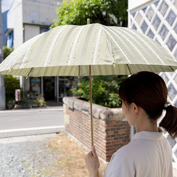 【晴雨兼用ショート傘】feel.t ファンシーストライプ カーキ 1枚目の画像
