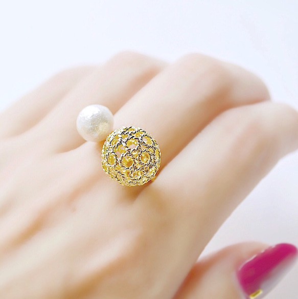 金色棉花珍珠 gold cocoon ring 第4張的照片