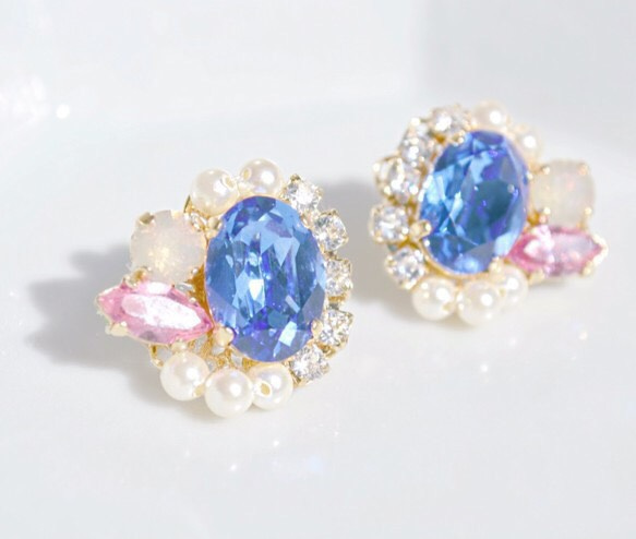珍珠、施華洛世奇水晶搭配藍寶石 第1張的照片