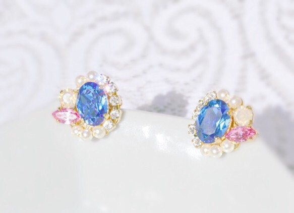珍珠、施華洛世奇水晶搭配藍寶石 第3張的照片