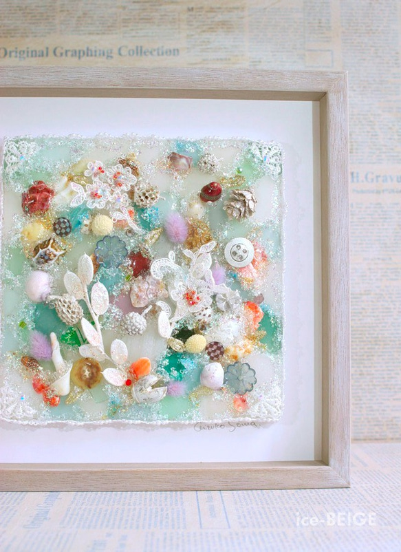 貝とシーグラス・海のコラージュ＊レアな紫系ガラスで 立体・オブジェ