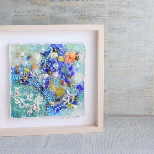 貝とシーグラス・海のコラージュ＊秋の夜空＊ベージュ額 立体