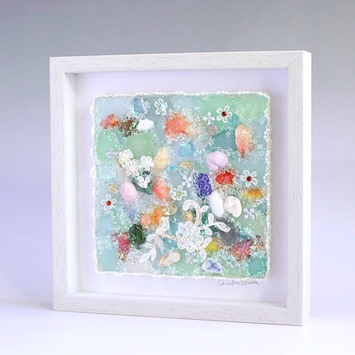 貝とシーグラス・海のコラージュ＊陶片のアレンジ 立体・オブジェ