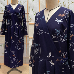 ☆浴衣リメイク☆カシュクールワンピース(長袖/ネイビー/蜻蛉