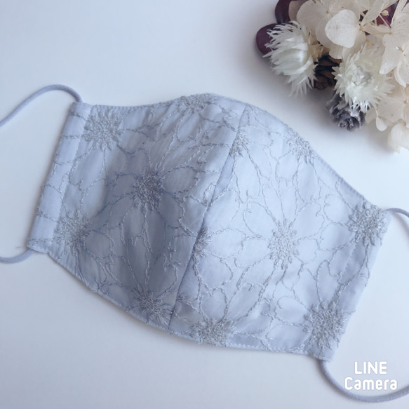 cottonレース ブルー系お花刺繍 立体マスク大人用【選べる裏地