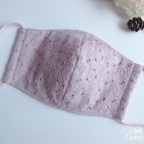 ピンク刺繍マスク cottonレース カメリア刺繍 ピンク系 立体マスク大人用【選べる裏地