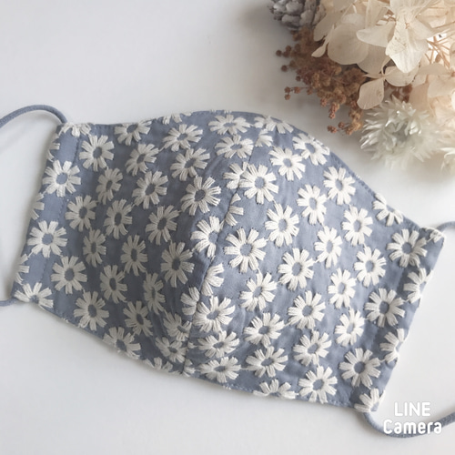 cottonお花刺繍レース ブルーグレー系 立体マスク大人用【選べる裏地