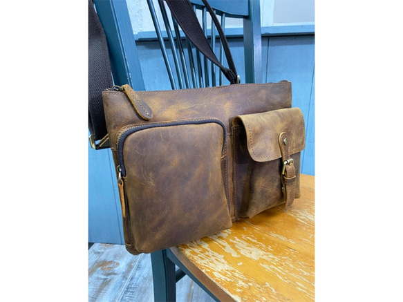 『ウィンターSALE』Crazy horse Leather　クロスボデイBAG　oiled LEATHER BROWN 6枚目の画像