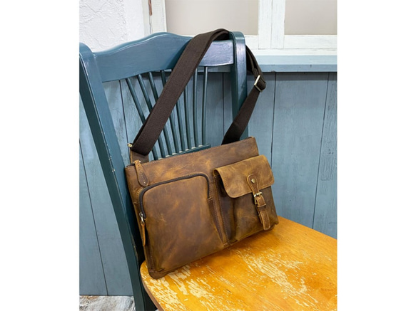 『ウィンターSALE』Crazy horse Leather　クロスボデイBAG　oiled LEATHER BROWN 10枚目の画像