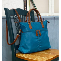 新色♬ ナイロン+フェイクレザー　4way BAG  BLUE 1枚目の画像