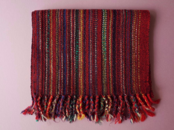 手織り　赤系Mix ウール　マフラー　001 3枚目の画像