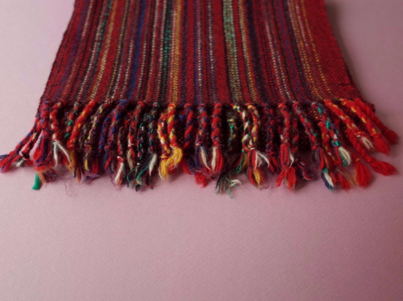 手織り　赤系Mix ウール　マフラー　001 6枚目の画像