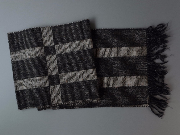 手織り　黒系×Mixベージュ ウール　マフラー　016 1枚目の画像
