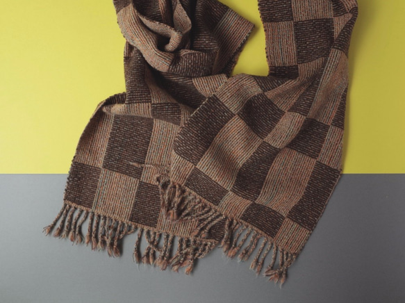 手織り　ベージュ系×ブラウン ウール　マフラー　022 1枚目の画像