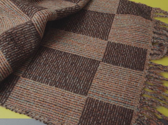 手織り　ベージュ系×ブラウン ウール　マフラー　022 4枚目の画像