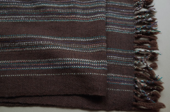 手織り　ウール100％　ブラウン系ストライプ　マフラー　044 5枚目の画像