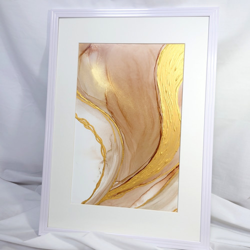 アルコールインクアート /金ライン/抽象画/茶色【A4原画】 その他