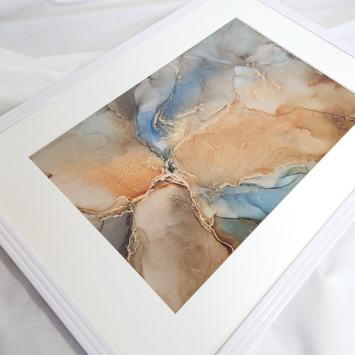 お気に入りの アルコールインクアート /大理石風/青・茶【A4原画】 その他 工芸品