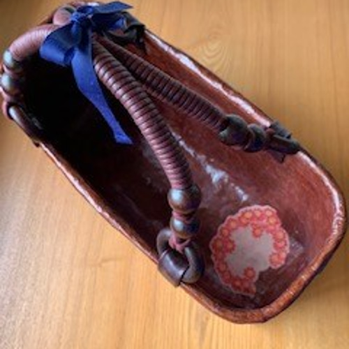 一閑張り 竹籠バック ひょっとこおたふく 古布