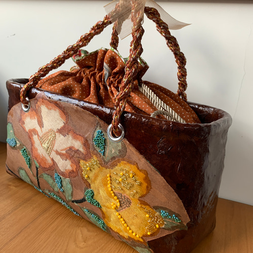 一閑張り　一閑張りバッグ　浮世絵　花魁　達磨　古文書　和紙　竹籠　籠バッグ 一閑張り 一閑張りバッグ 浮世絵 花魁 達磨 古文書 和紙 竹籠 籠