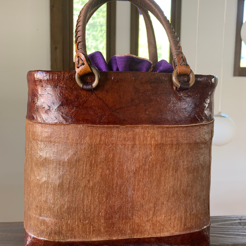 一閑張り籠バッグヴィンテージの帯をリメイク かごバッグ