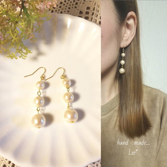 ✧高級♡国産コットンパール3連ゴールドピアス イヤリングホワイト×ピンク×キスカ simple♡キスカコットンパール3連＊上品で大人かわいいピアス