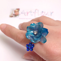 寶藍色真花戒指/施華洛水晶/可調節戒指/立體真花戒指 第1張的照片