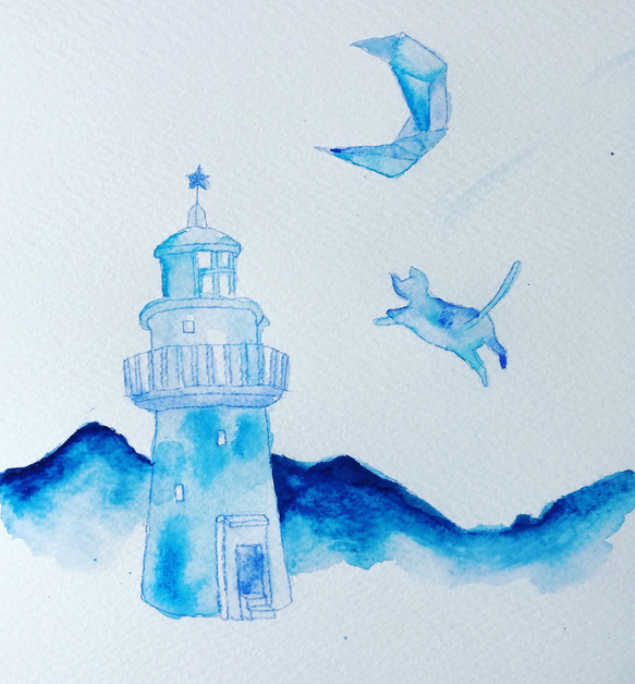 灯台と猫の青い夜 1枚目の画像