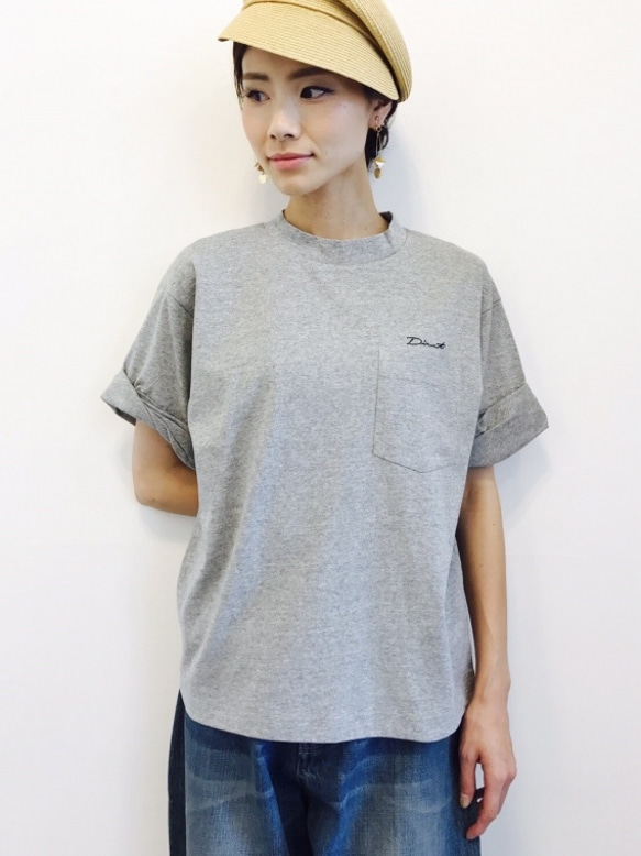 ハイネック 刺繍ロゴ入り S/S TEE グレー 1枚目の画像