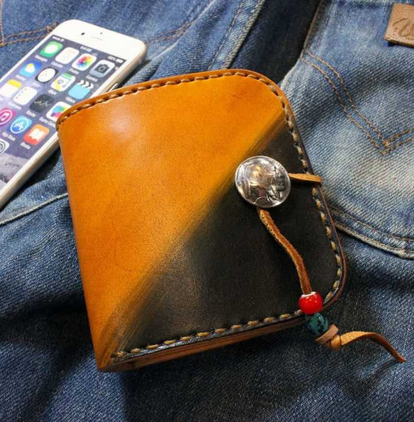 黄色と黒のツートン手染め 二つ折り財布 rm311【受注制作】 二