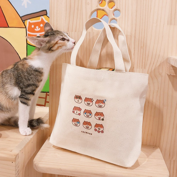 グアピ猫の9つの正方形グリッドキャンバストートバッグ（ランチバッグ）手書きキャンバスバッグ 2枚目の画像