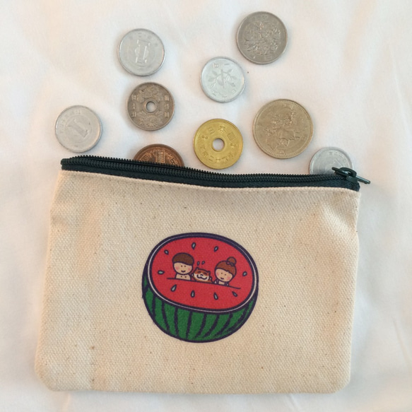 スイカの毎日のキャンバス財布（財布）ハンドプリントコインバッグ 4枚目の画像