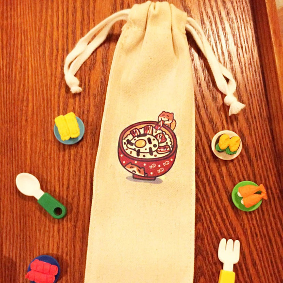 丼飯貓の日常 吸管袋 筷套 帆布束口袋 (環保餐具) 手工印製 Straw chopsticks bag 第4張的照片