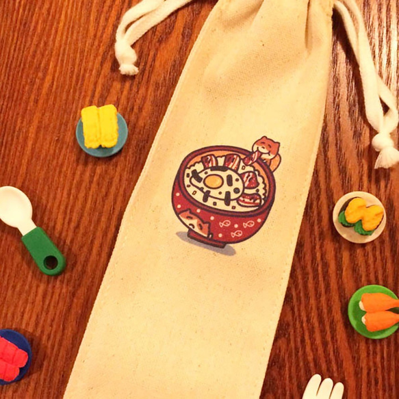 丼猫の毎日ストロー袋箸セットキャンバスバンドルポケット（環境食器）手描きストロー箸バッグ 7枚目の画像