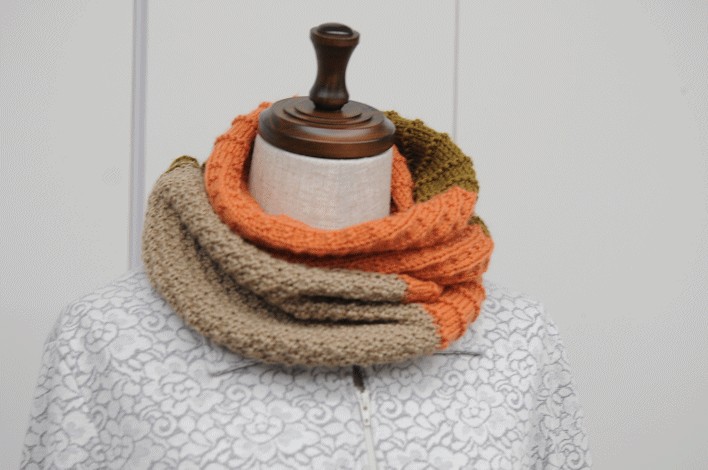 チクチクしない　ロングタイプ　シルクメリノウールスヌード　ベージュ&オレンジ