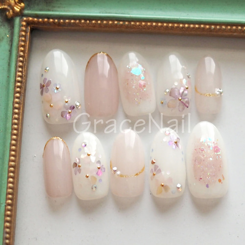 サイズオーダー】シェルフラワーネイルチップ ネイルチップ（つけ爪  