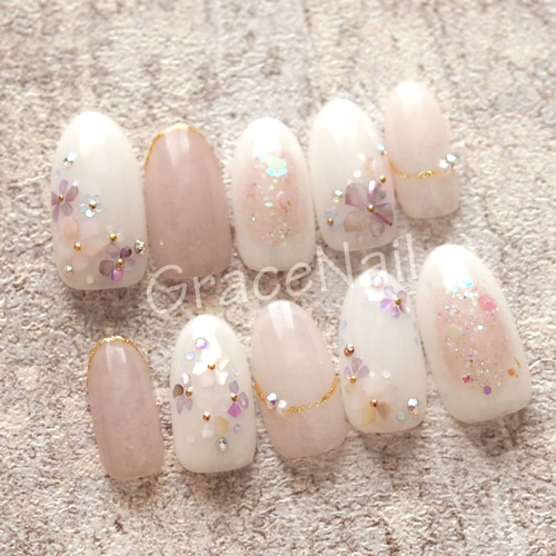 サイズオーダー】シェルフラワーネイルチップ ネイルチップ（つけ爪  