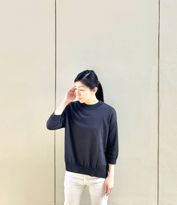 feather cotton®︎の7分袖丸首 knit tops / charcoal gray 1枚目の画像