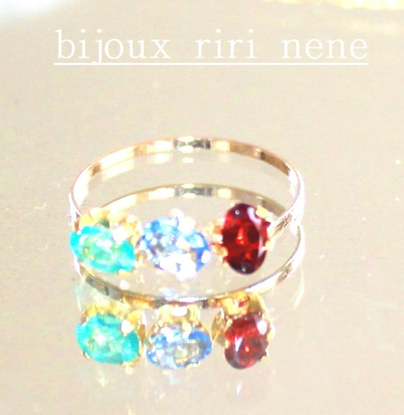 -k10- Ceylon Blue Sapphire & Apatite & Garnet Ring 2枚目の画像