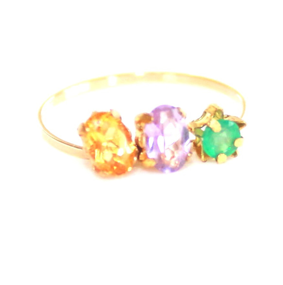 - kawaii okashi - Emerald & Amethyst & Citrine 14kgf Ring 1枚目の画像