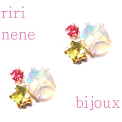 - mikaku no aki - Rubellite & Peridot & Opal Earrings 1枚目の画像