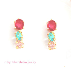 k18- otome no hana - Pink Diamond & Paraiba & Ruby Earrings 1枚目の画像