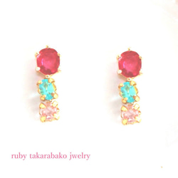 k18- otome no hana - Pink Diamond & Paraiba & Ruby Earrings 2枚目の画像