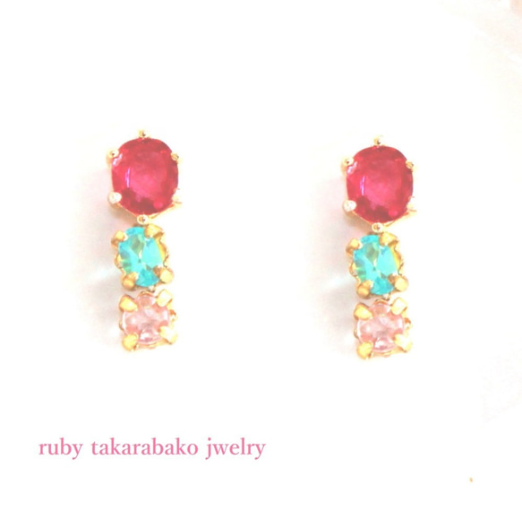 k18- otome no hana - Pink Diamond & Paraiba & Ruby Earrings 2枚目の画像