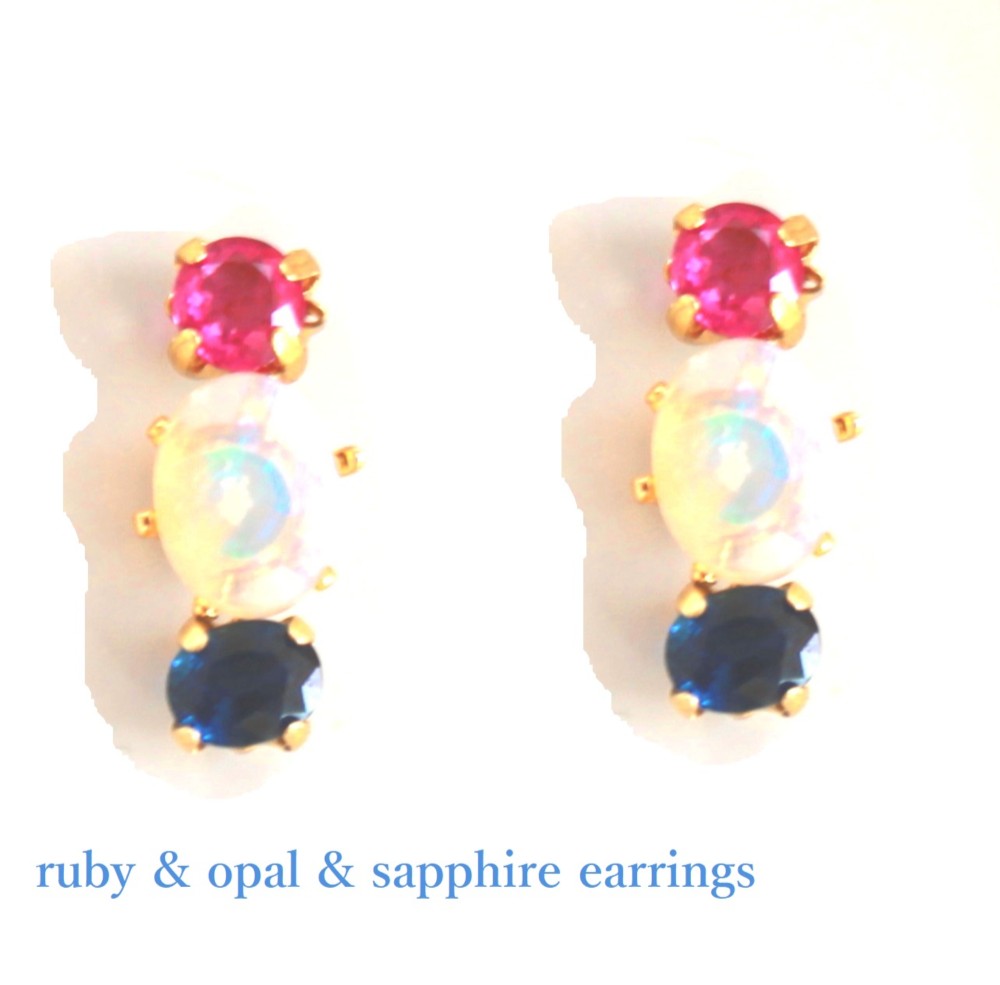 - tricolor - Sapphire & Ruby & Opal Earrings
