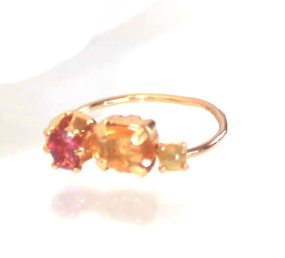 k18gp- color - Yellow Diamond & Sapphire & Rubellite Ring 1枚目の画像