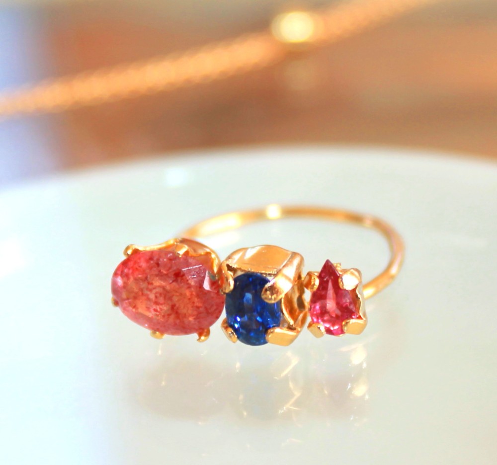 k10 + k18gp Epidote & Rubellite & Sapphire Ring