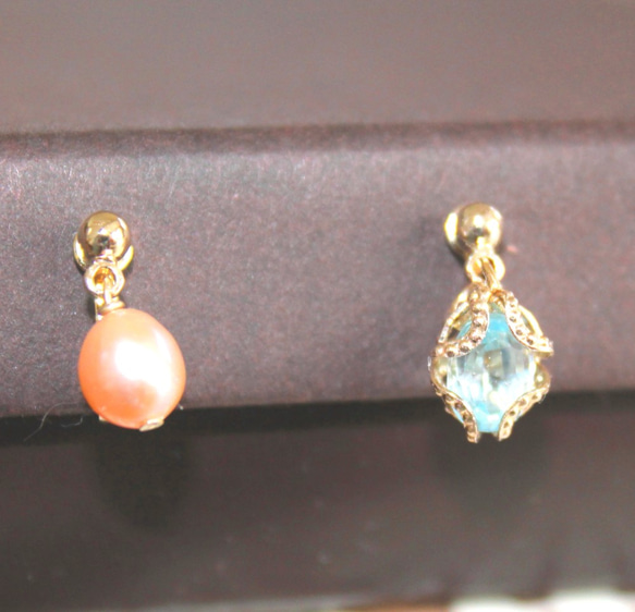 Creema限定 Swiss Blue Topaz & Pink Pearl earrings+sapphire 2枚目の画像