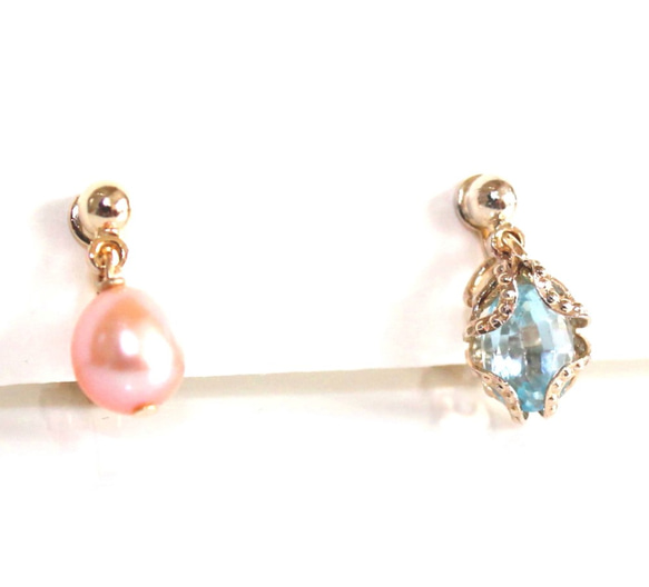 Creema限定 Swiss Blue Topaz & Pink Pearl earrings+sapphire 4枚目の画像